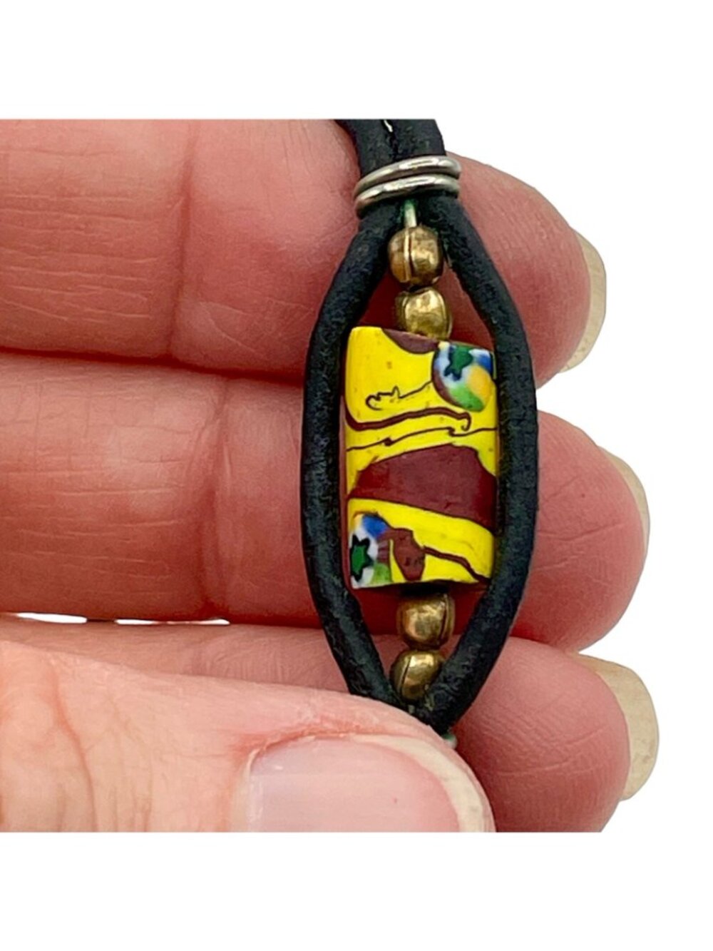 African Trading Bead Bracelet Vintage 1970s Leather Metal Hook Closure Old Bead - Picture 8 of 10